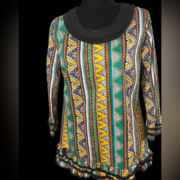 Almatrichi Multicolor Abstract design Long sleeves tunic top with ruffles NWT - Picture 4 of 14